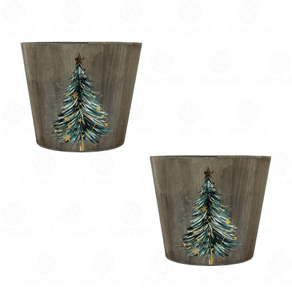 Wooden Christmas Planter Collection | Rustic Bucket & Trough Flower Pots | Christmas Tree & Winter Cabin Holiday Decor