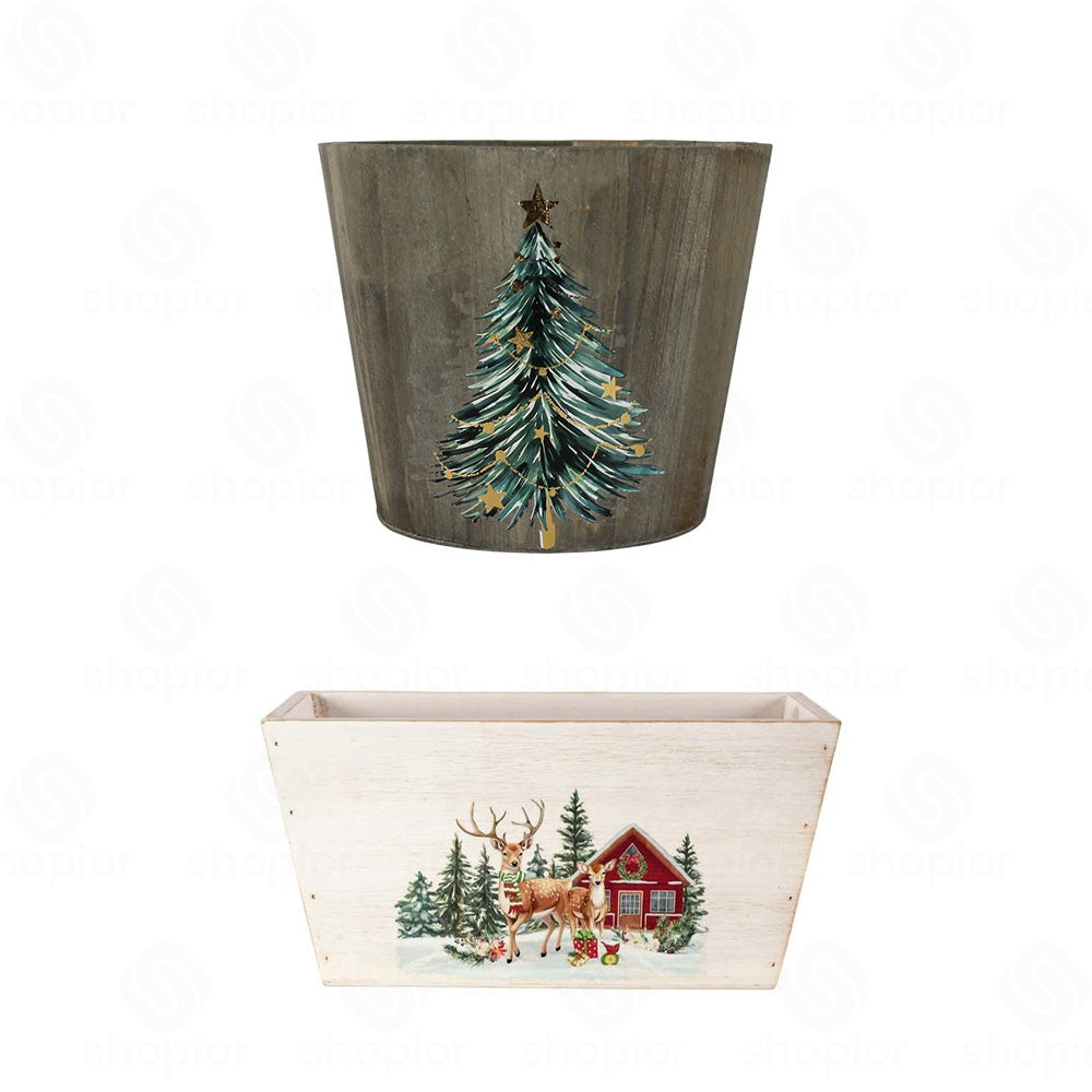Wooden Christmas Planter Collection | Rustic Bucket & Trough Flower Pots | Christmas Tree & Winter Cabin Holiday Decor