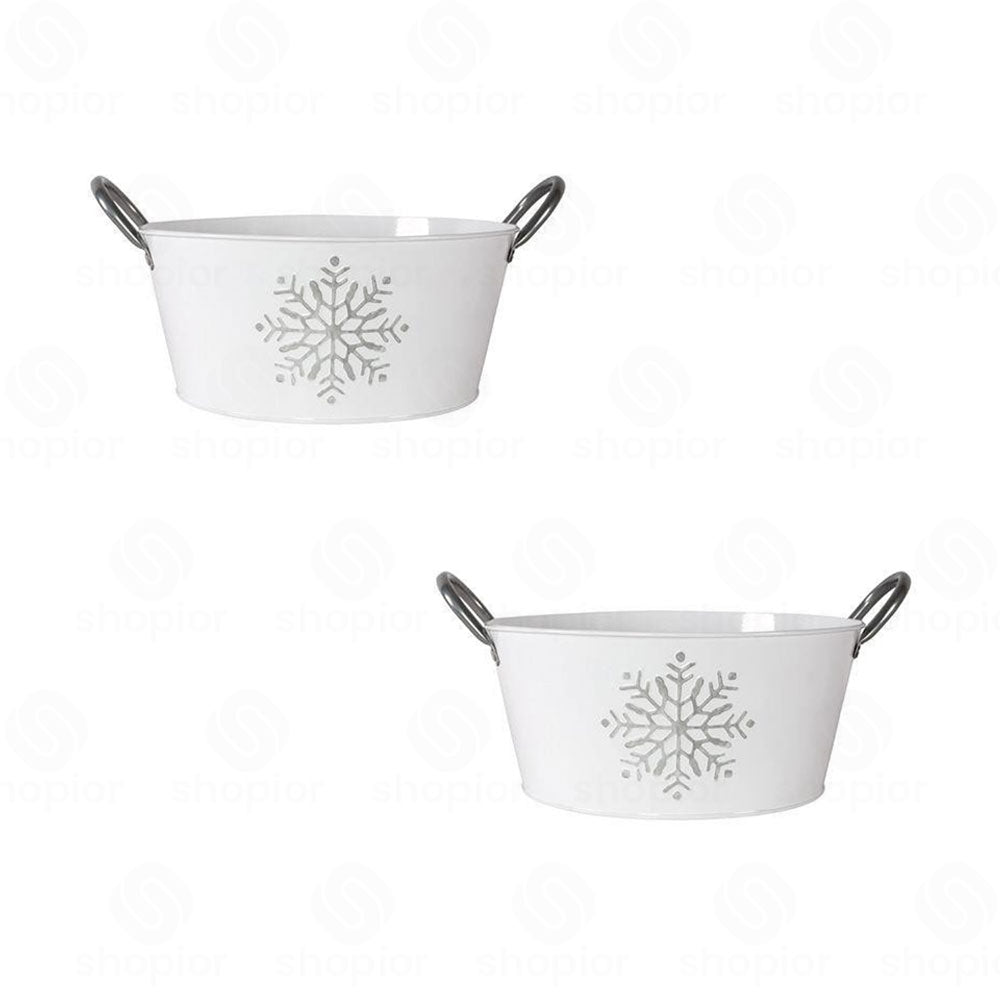 Zinc Silver Snowflake Planter with Handles – Decorative Metal Plant Pot Cover