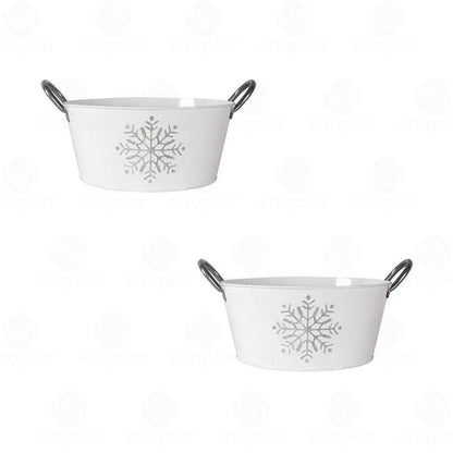 Zinc Silver Snowflake Planter with Handles – Decorative Metal Plant Pot Cover