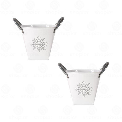 Zinc Silver Snowflake Planter with Handles – Decorative Metal Plant Pot Cover