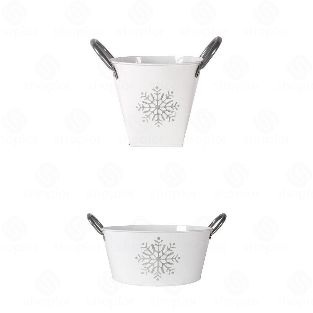 Zinc Silver Snowflake Planter with Handles – Decorative Metal Plant Pot Cover