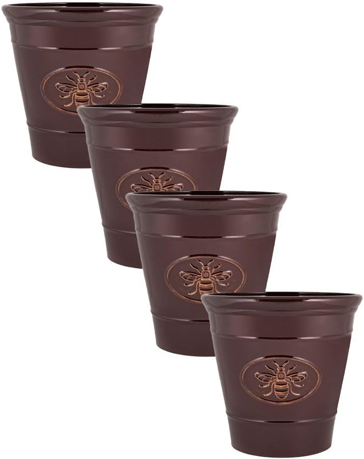 Metallic Effect Olive Plastic Planter for Gardening – Outdoor & Indoor Flowers Pot with Glossy Finish Weatherproof Garden Windowsills Home Plant Pot with Drainage Holes – (Dark Green, 30cm - Pack 4)