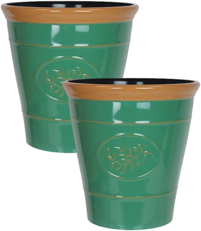 Metallic Effect Olive Plastic Planter for Gardening – Outdoor & Indoor Flowers Pot with Glossy Finish Weatherproof Garden Windowsills Home Plant Pot with Drainage Holes – (Dark Green, 30cm - Pack 4)